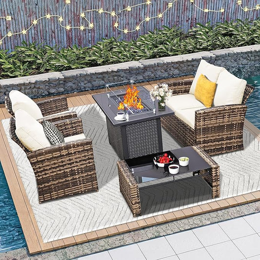 5 Piece Patio Furniture Set with 43" Propane Fire Pit Table, Outdoor Wicker Conversation Set, Rattan Modern Sectional Sofa Couch with Coffee Table for Backyard Porch Garden Poolside, Yellow-Beige