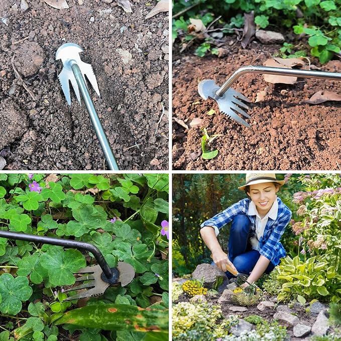 Amposei Weeding Artifact Uprooting Weeding Tool, Multifunctional Weeder, Hand Weeder Tool, Stand Up Weed Puller Tool with Handle for Garden Yard Farm Weed Removal (11in, Wood 2PCS)