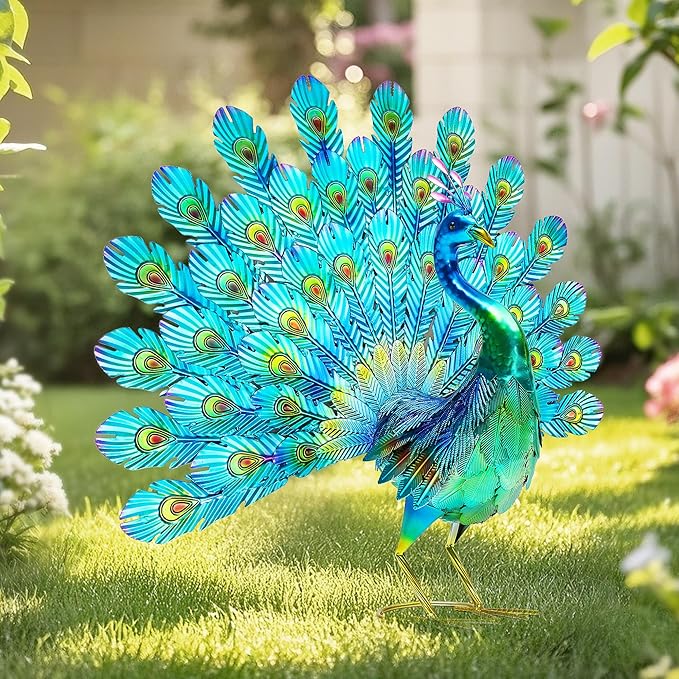 27.5" Tall Metal Peacock Garden Statue - Handmade, 3D Textured, Tail Spread Sculptures for Patio, Garden or Entryway.