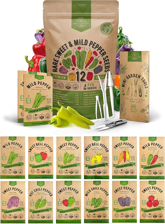 Organo Republic 12 Rare Sweet & Mild Pepper Seeds Variety Pack - 770+ Non-GMO Heirloom Pepper Seeds for Outdoor and Indoor Home Gardening, Including Pepper Anaheim, Pepperonchini, Pimento, Lilac Bell