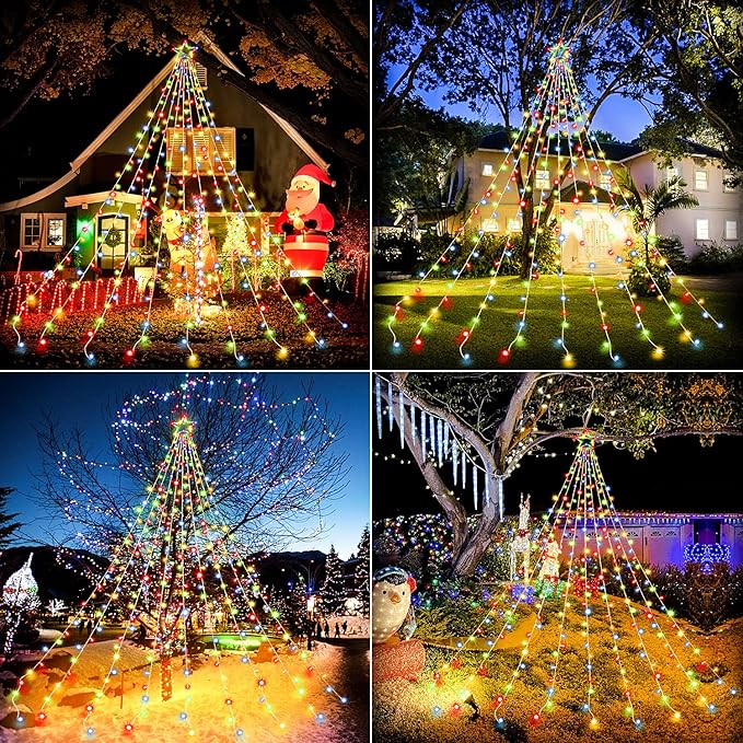Christmas Decoration Lights, Outdoor Christmas String Lights 320 LED 11.5 Ft Waterfall Tree Lights with Big Star Topper 8 Light Modes for Christmas New Year Holiday Garden Yard Indoor Outdoor Decor