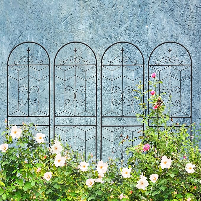 Metal Garden Trellis Rustproof Trellis for Climbing Plants Outdoor Flower Support (Black-4 Pack, 71"x19.7")
