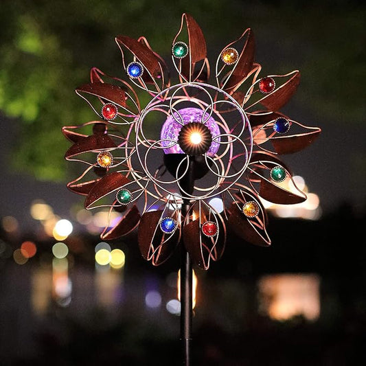 Solar Wind Spinner Multi-Color LED Lighting by Solar Powered Glass Ball with Kinetic Wind Aculptures Dual Direction Decorative Lawn Ornament Wind Mill