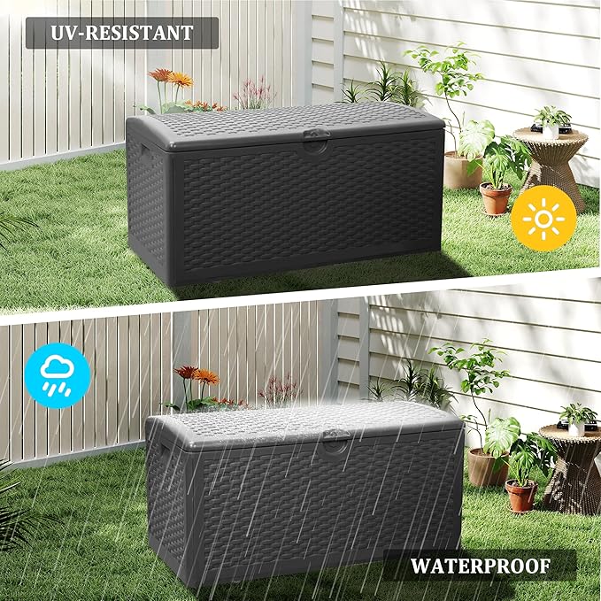 80 Plus Gallon Resin Deck Box, Waterproof Outdoor Storage Bin for Patio, Poolside, and Garden, Lockable & UV-Resistant, Ideal for Small Spaces, Black
