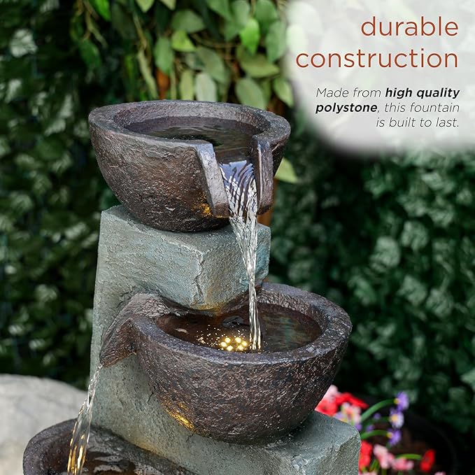 Alpine Corporation TZL390 Elegant Outdoor 5 Tier Bowls Waterfall Fountain with LED Lights for Garden, Patio, Yard, and Outdoor Spaces, Relaxing Cascading Fountain, 39" H, Gray