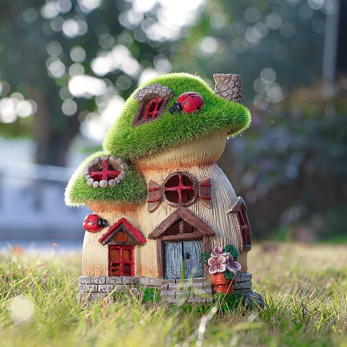 TERESA'S COLLECTIONS Mushroom Garden Statues with Outdoor Solar Light, Green Flocked Christmas Decorations for Home, Resin Fairy House Accessories Outdoor Decor Yard Thanksgiving Gifts for Mom, 7.7“