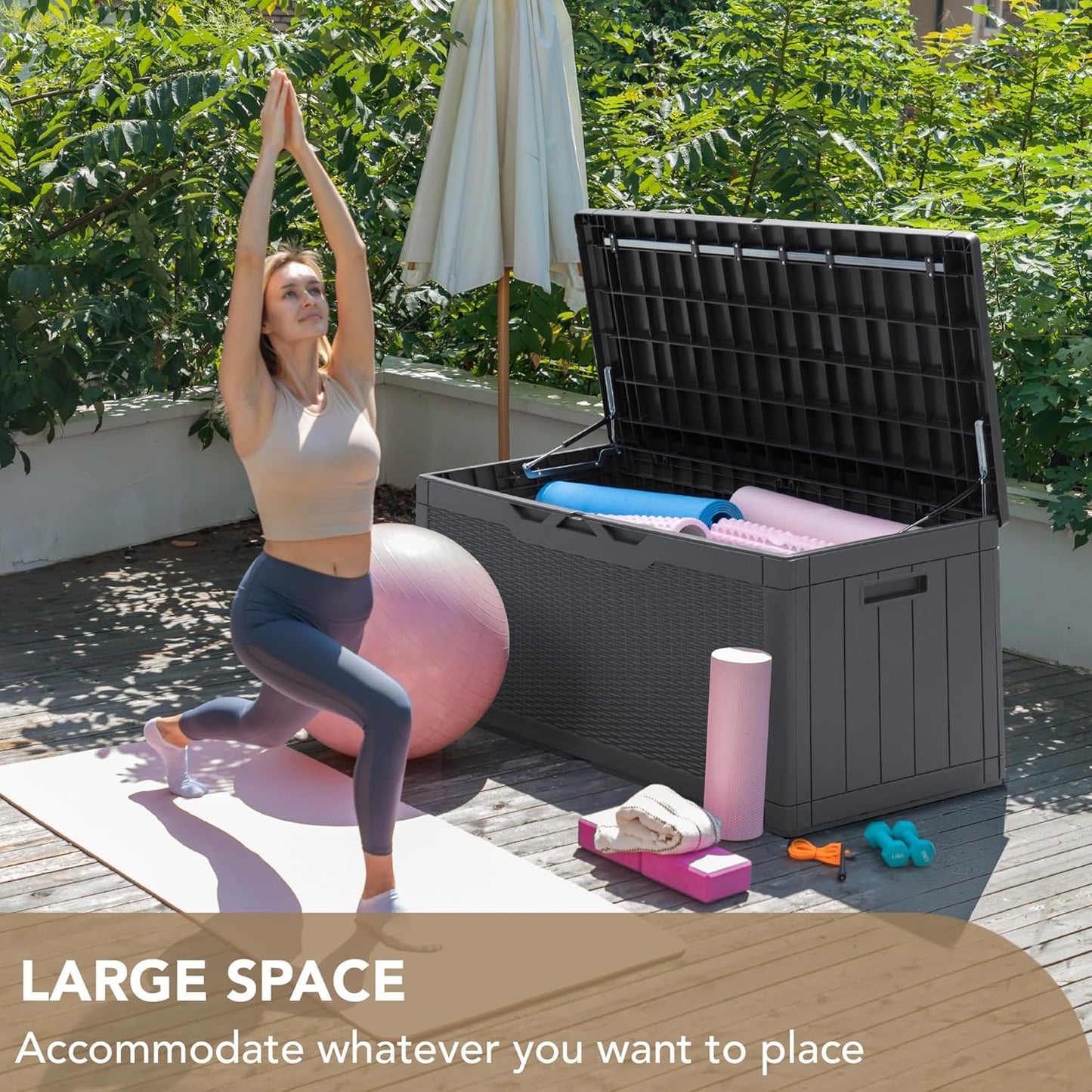 Devoko 100 Gallon Deck Box, Waterproof Resin Outdoor Storage Box with Cushion for Outside and Patio, Large Outdoor Storage Bench Cabinet Lockable for Patio Furniture and Garden Tools (Gray)