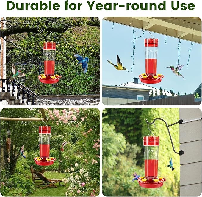 Glass Hummingbird Feeders for Outdoors Hanging Ant and Bee Proof, 2 Pack 15 Ounces Red Hummingbird Feeder with 5 Feeding Ports and Perches, Built-in Ant Moat, Outside Garden Décor (Glass, 2)