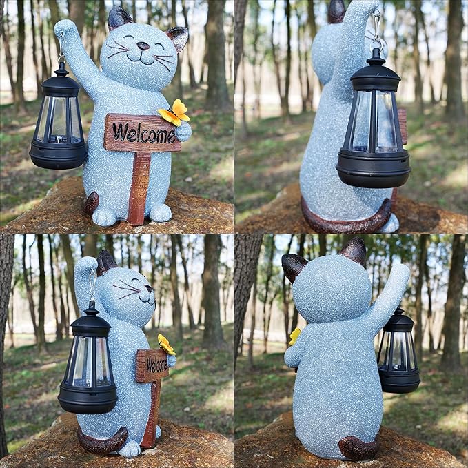 Juegoal Garden Statue Solar Cat Figurine with Lantern, 10" Resin Kitten Outdoor Lawn Porch Yard Art, Lighted Christmas Birthday Gifts for Mom Grandma