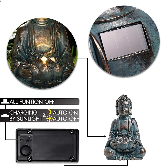 TERESA'S COLLECTIONS Meditating Buddha Statue for Garden Decor with Outdoor Solar Lights, Large Resin Christmas Decor Outdoor Statue Garden Sculpture Figurines for Home Lawn Yard Decorations, 10.4''