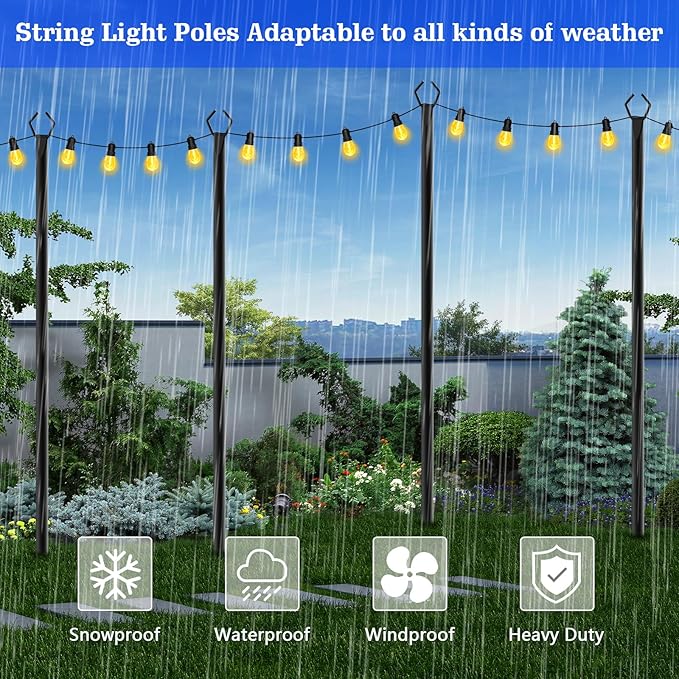 4 Pack String Light Poles,10 Ft Metal Poles with Fork for Outdoor String Lights,Outdoor Light Poles with Fork,Poles/Post/Stand for Outside,Patio,Deck,Backyard,Garden Wedding,Party