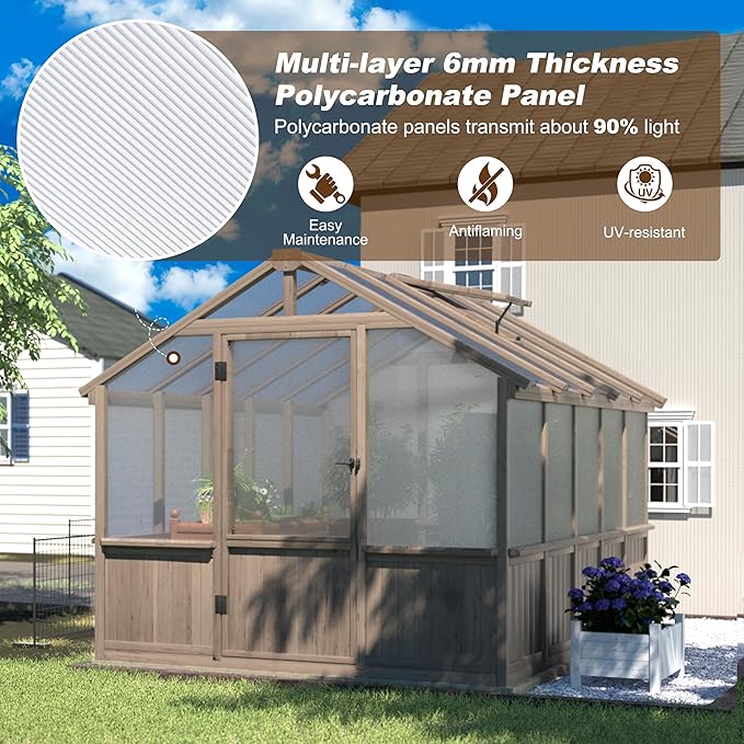 8x10 FT Greenhouse Kit with 6MM Thick Polycarbonate Panel for Outdoor, Wooden Walk-in Green House with Adjustable Roof Vent and Lockable Door, Backyard, Garden, Light Mocha Brown