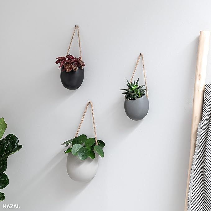 Wall Planters -Ellie- | Hanging Ceramic Plant Pots 3 Pieces | Wall Decoration for Indoors, Balcony and Garden | Grey (Matte)