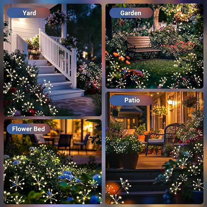 Solar Garden Decor Lights Outdoor, Solar Powered Lights Waterproof for Yard Patio Porch Flowerbed, Fairy Gardening Supplies Gifts Firwork(8 Pack Warm White)