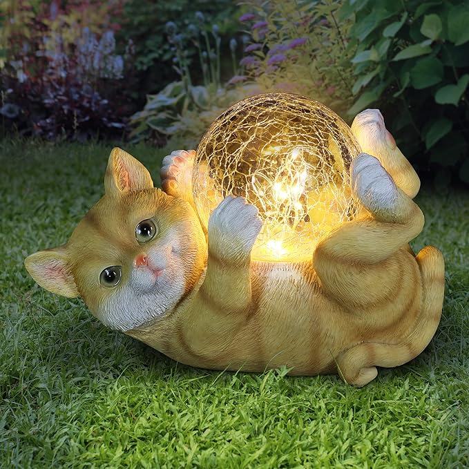 Exhart Garden Sculpture, Solar Cat Garden Statue with LED Light Crackle Ball, Outdoor Garden Decoration, 10.5 x 7.5 Inch, Multicolor, Resin