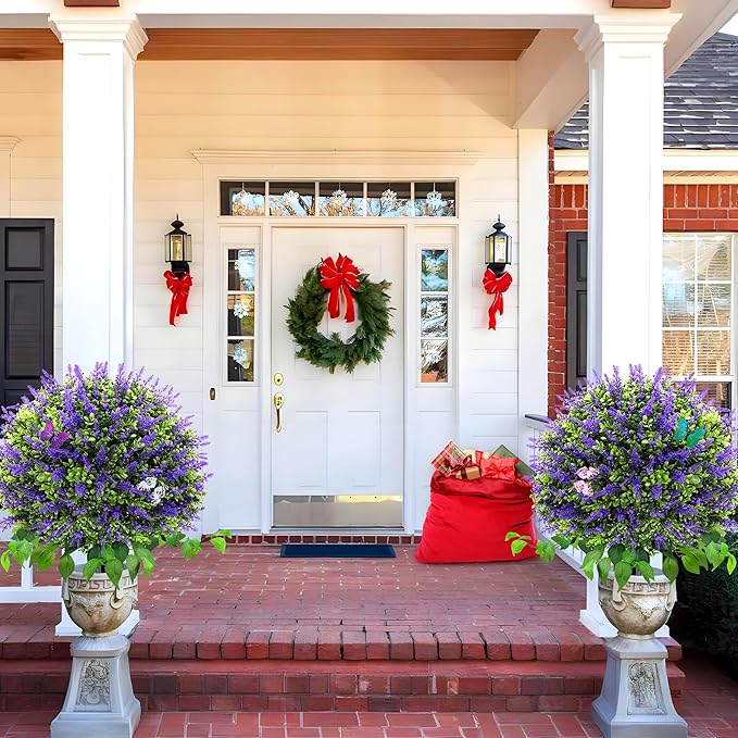 28" Artificial Boxwood Topiary Ball with Lavender, UV Resistant Topiary Tree Faux Boxwood Ball Shaped Porch Bushes with Ground Spike Artificial Bushes for Outdoors Front Door Decor Home Garden