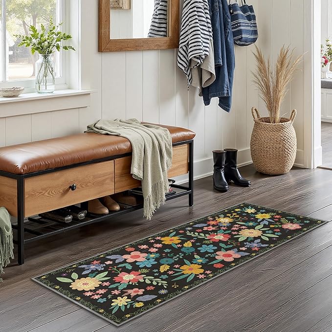 GENIMO Indoor Outdoor Area Rug 2' X 5' Waterproof, Washable Runner Rug Non Shedding, Easy Cleaning Floral Outdoor Carpet for Patio, Living Room, Bedroom, Entryway, Porch, Dining Room, Black