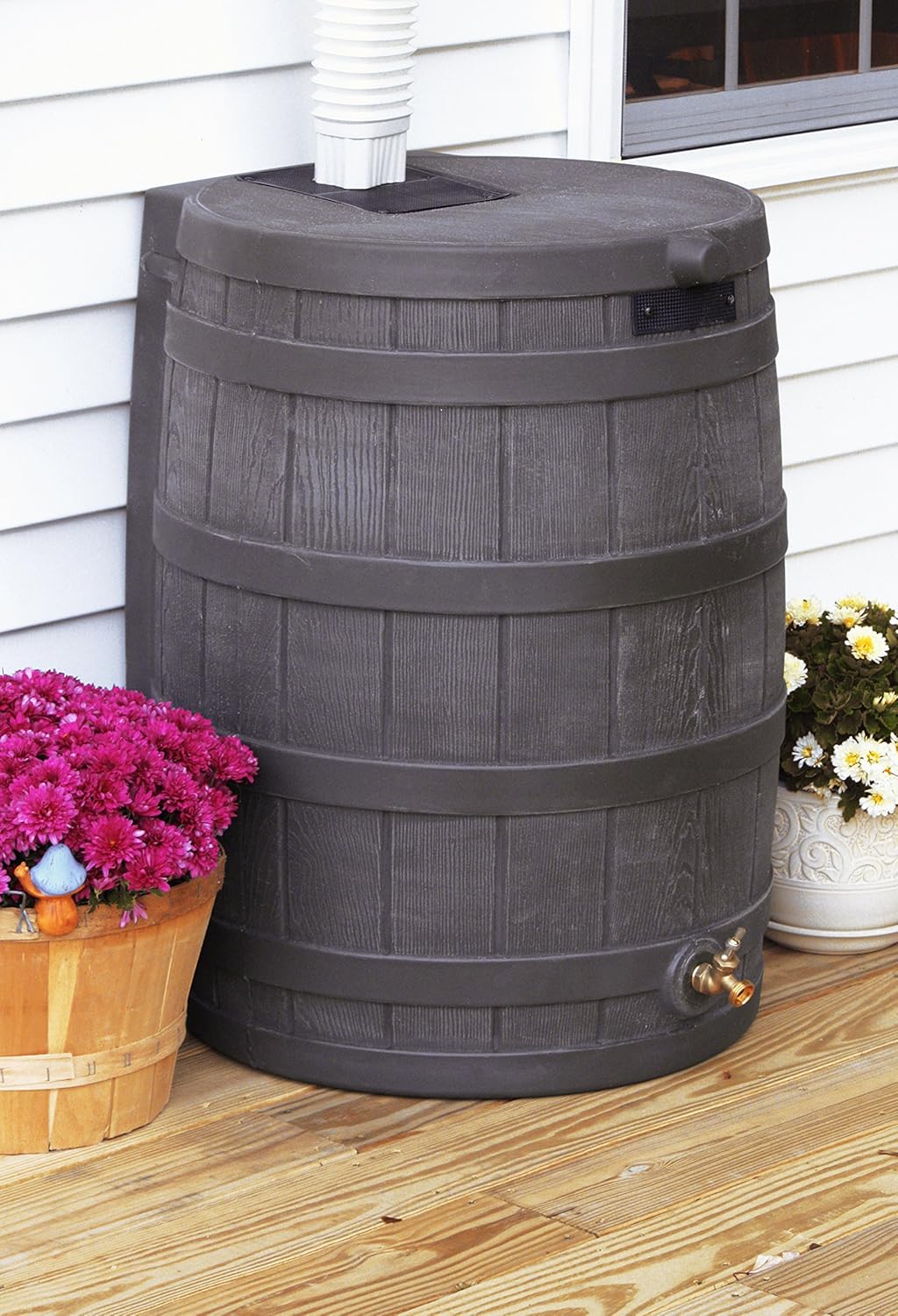 Good Ideas Rain Wizard Water Collection Plastic Barrel, Oak, 50 Gallon - Linkable Flat-Back Faux Wood Rainwater Catcher Storage Drum w/ Robust Metal Spigot & Fine Mesh Screen