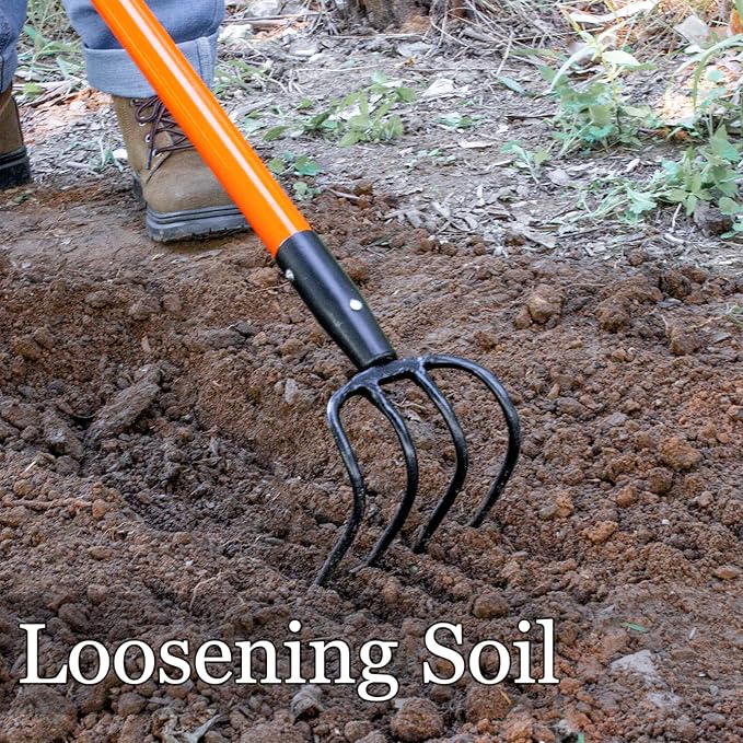 Cultivator for Gardening, 4 Tines Garden Cultivator with Fiberglass Handle, 58 Inches