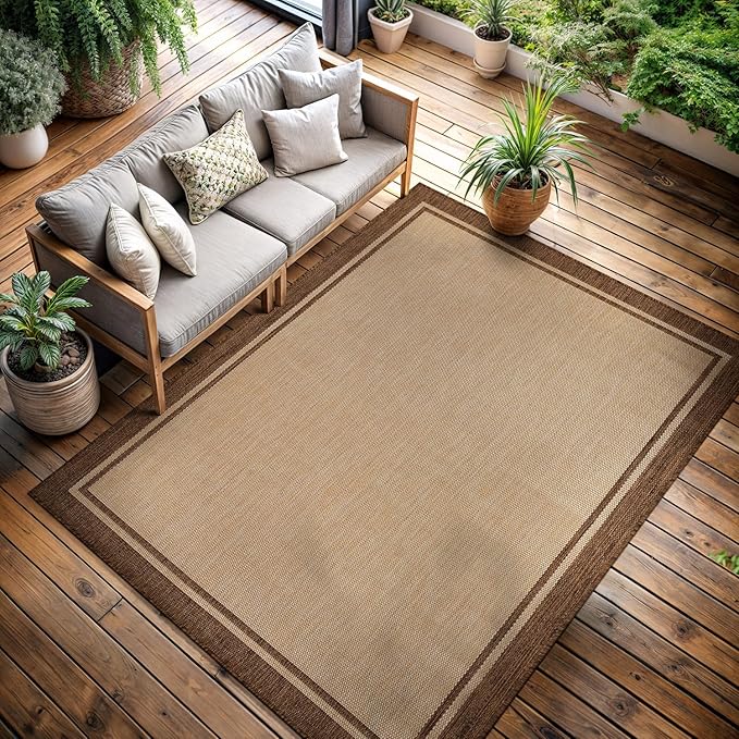 CAMILSON Outdoor Rug 9x12 Bordered Natural Brown Modern Area Rugs for Indoor and Outdoor Patios, Kitchen and Hallway Mats, Washable Porch Deck Outside Carpet (Border Jute, 9 x 12)