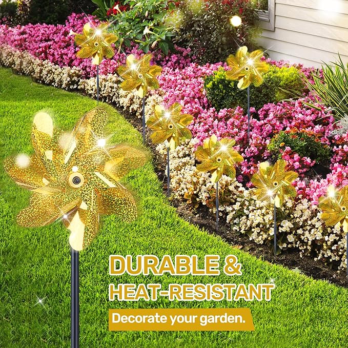 BATTIFE Golden Pinwheels for Garden, 10 Pack Reflective Wind Spinner to Scare Birds Away, Sparkly Pinwheel Deterrent, Outdoor Gold Pinwheel for Lawn and Patio