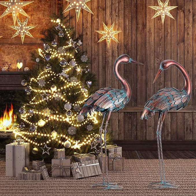 chisheen Crane Garden Statues Outdoor Yard Decorations Metal Heron Yard Art Bird Sculpture Decor for Outside Lawn Patio Large Size, for Women Mom,Set of 2