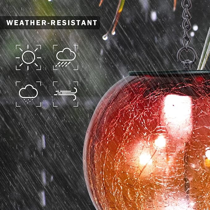 Hanging Solar Lights Outdoor Solar Lanterns Outdoor Decorative Cracked Glass Ball Lights Solar Powered Waterproof LED Globe Lantern for Outdoor Porch Patio Garden Decor Gift Orange
