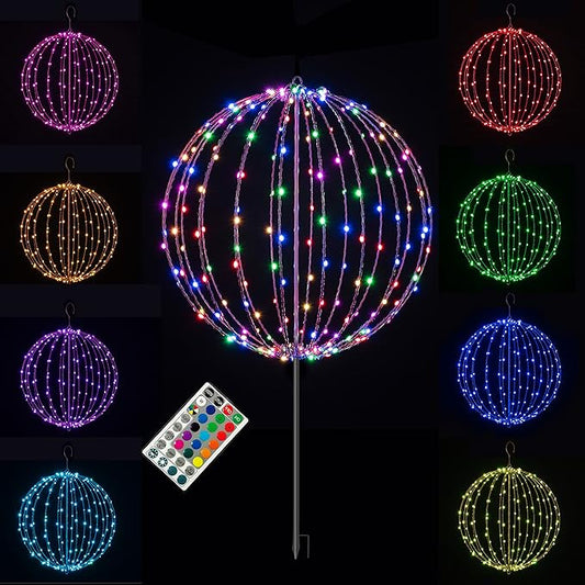 Christmas Ball Sphere, 20IN 200LED Hanging Tree and Pathway Light With Hook and Stake, Foldable Metal Frame Ball for Outdoor Garden, UL Listed, Brown Frame, RGB