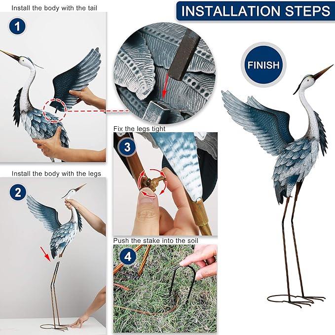 TERESA'S COLLECTIONS Garden Decor Blue Heron Yard Art,22.8-25" Large Metal Cranes Sculptures & Statues Decoy for Outdoor Indoor Decorations, Outside Patio, Pool, Lawn, Set of 2, Spring,Gift for Mom