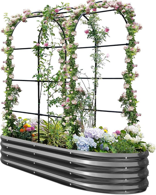 KING BIRD Raised Garden Bed with Arched Trellis Galvanized Planter Garden Box Outdoor for Gardening, Climbing Vegetables, Flowers 5.9x2.95x0.98 Ft, Dark Grey