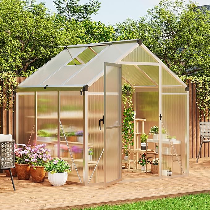 6 x 6 FT Greenhouse, Greenhouses for Outside, Polycarbonate Greenhouse with Aluminum Frame, Lockable Door and Ajustable Roof Vent for Backyard, Green Houses for Outside Garden Backyard, Patio