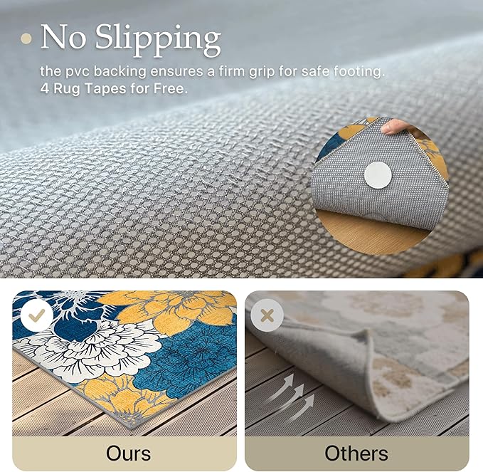 GENIMO Indoor Outdoor Area Rug 5' X 7' Waterproof, Washable Patio Rug Non Shedding, Easy Cleaning Floral Outdoor Carpet for Living Room, Bedroom, Dining Room, Balcony, Backyard, Deck, RV, Blue