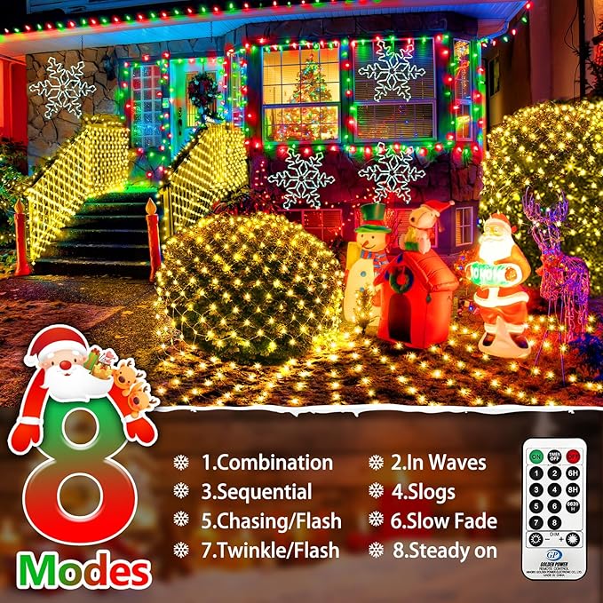 KNONEW 2-Pack 360 LEDs Christmas Net Lights 13ft x 6.6ft Outdoor Mesh Connectable Waterproof 8 Modes & Timer Plug-in Fairy Lights for Bushes Garden Party Wedding Holiday, Warm White