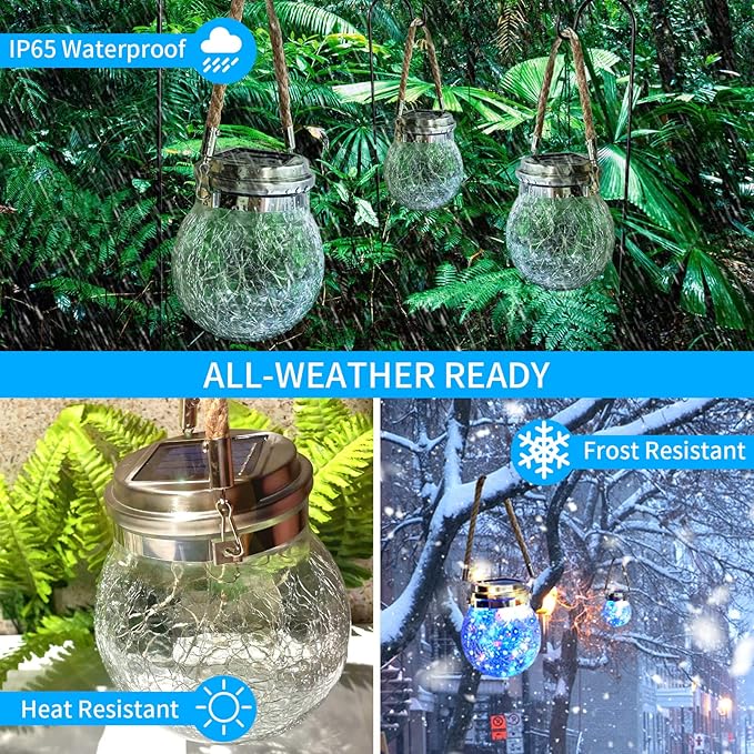 Hanging Outdoor Solar Lights, 30LED Cracked Glass Ball Decorative Lights,Solar Powered Waterproof Landscape with Handle for Tree Yard Garden Patio Fence Holiday Decor(Multicolor)