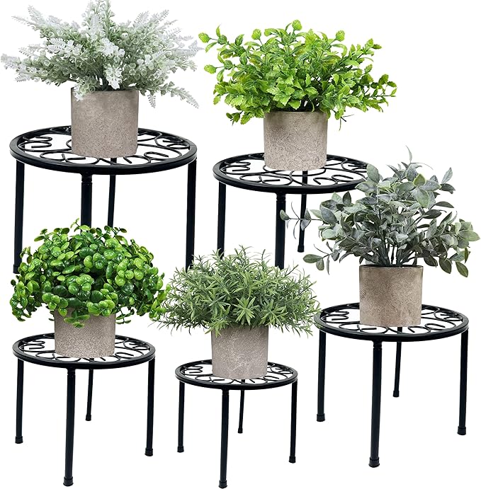 HAINARverS Metal Plant Stands 5-Pack, Heavy Duty Rustproof Iron Corner Flower Pot Stand Holder,Round Supports Display Rack Tiered Plant Stand Shelf For Indoor And Outdoor Multiple (Black)