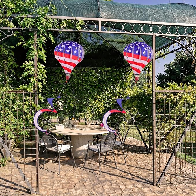 BATTIFE 2Pcs Patriotic Hot Air Balloon Wind Spinner, American Flag Kinetic Wind Twister with Tail, Outdoor Spiral Windmill Garden Yard, 4th of July Hanging Decoration