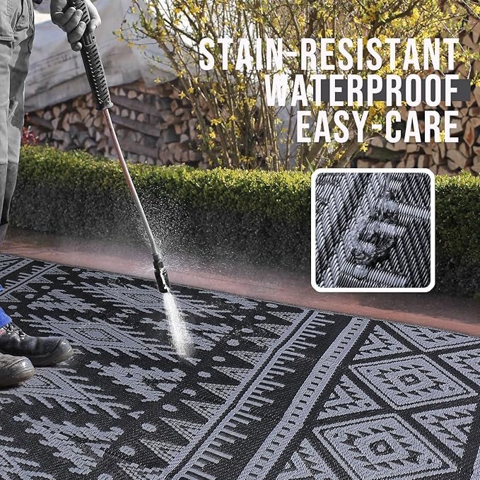 OLANLY Outdoor Rug Waterproof 9x18 ft, Reversible Outdoor Plastic Straw Rug, Boho Patio Rug, Indoor Outdoor Carpet, RV Mat Outside for Patio, Camp, Picnic, Balcony, Deck, Backyard, Black & Grey