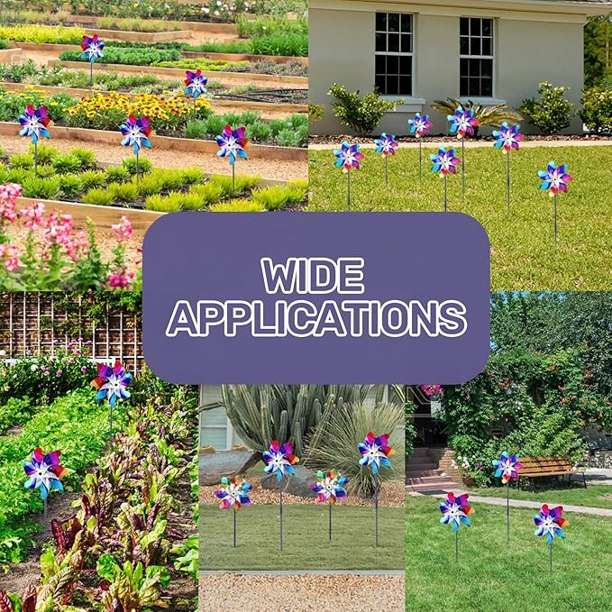 BATTIFE 10 Pack Sparkly Rainbow Pinwheels, Reflective Wind Spinner for Yard and Garden with Stakes, Decor Windmill to Scare Birds Away for Lawn and Patio
