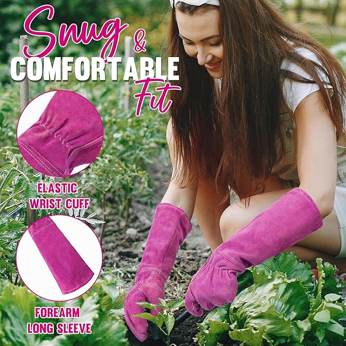HANDLANDY Ladies Leather Gardening Gloves, Thorn Proof Women Rose Pruning Garden Yard Glove, Heavy Duty Long Sleeve Gloves (Medium, Rosy)