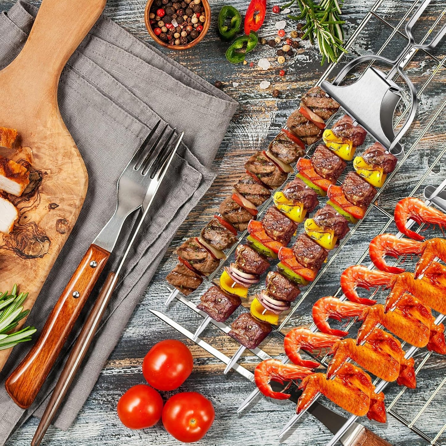 6PCS Kabob Skewers for Grilling, 14'' Stainless Steel 3-prong Metal Kebab Grill Skewers with Push Bar Slider, Skewer Sticks for Meat Veggies Shrimp Marshmallows Fruits, BBQ Barbecue Accessories