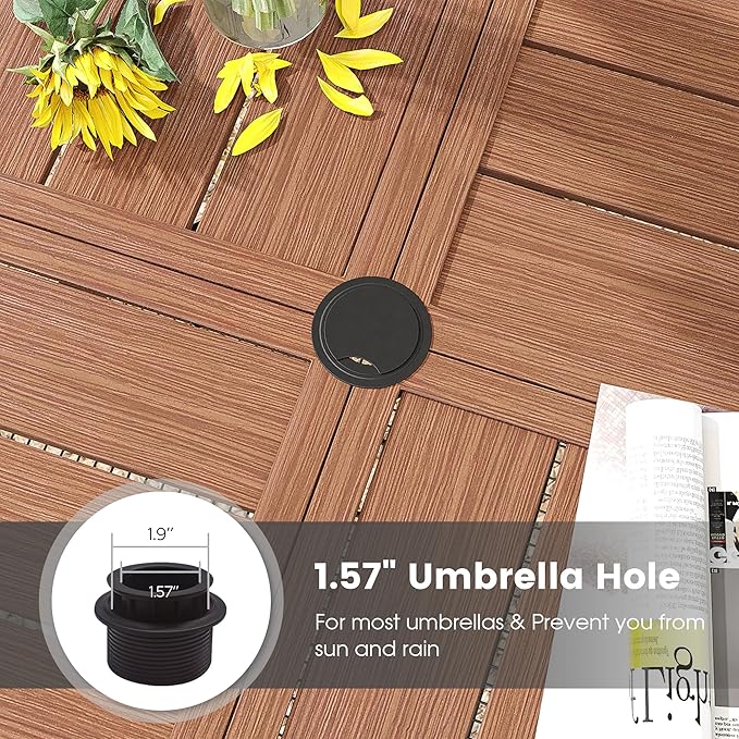 DIFY 40.6" Round Outdoor Patio Dining Table for 4, All-Weather Metal Steel Slatted Patio Table with 1.57" Adjustable Umbrella Hole, for Lawn Garden Porch Backyard, Walnut