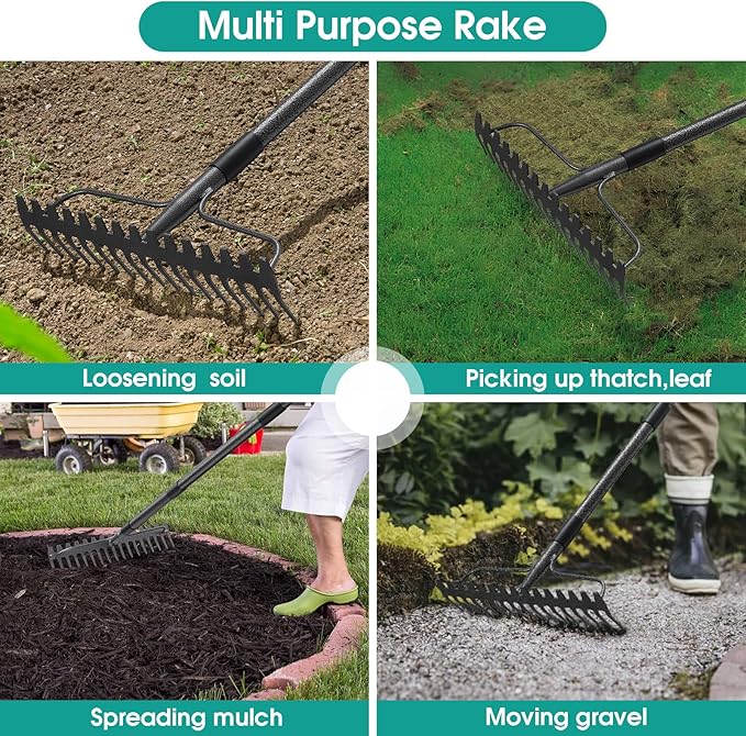 Garden Rake: 49" Metal Garden Leaf Rake with 17 Tines, Heavy Duty Bow Rakes for Lawn Yard Leaves Debris Mulch Gravel Thatch Clean,Lawn Care Gardening Landscaping