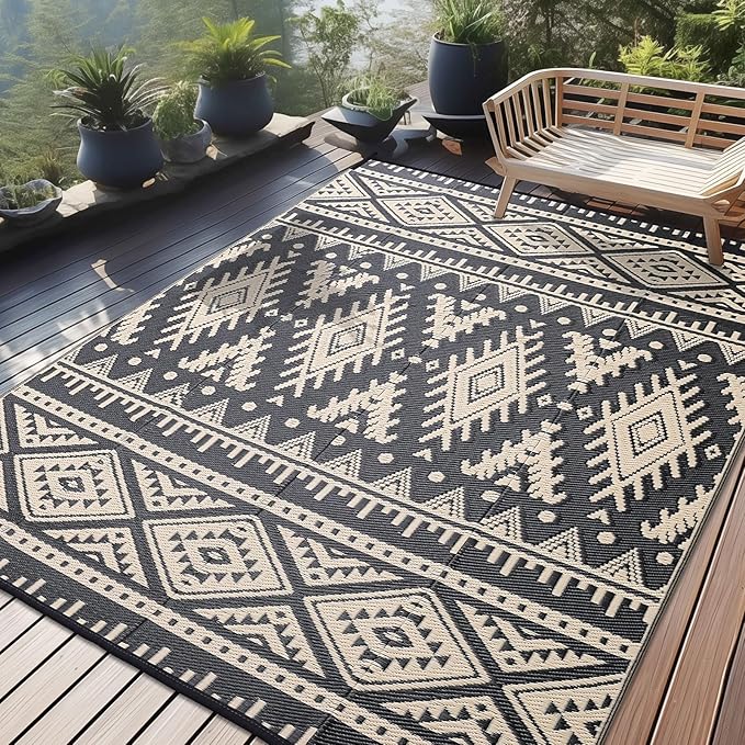 OLANLY Outdoor Rug Waterproof 9x18 ft, Reversible Outdoor Plastic Straw Rug, Boho Patio Rug, Indoor Outdoor Carpet, RV Mat Outside for Patio, Camp, Picnic, Balcony, Deck, Backyard, Black & Beige