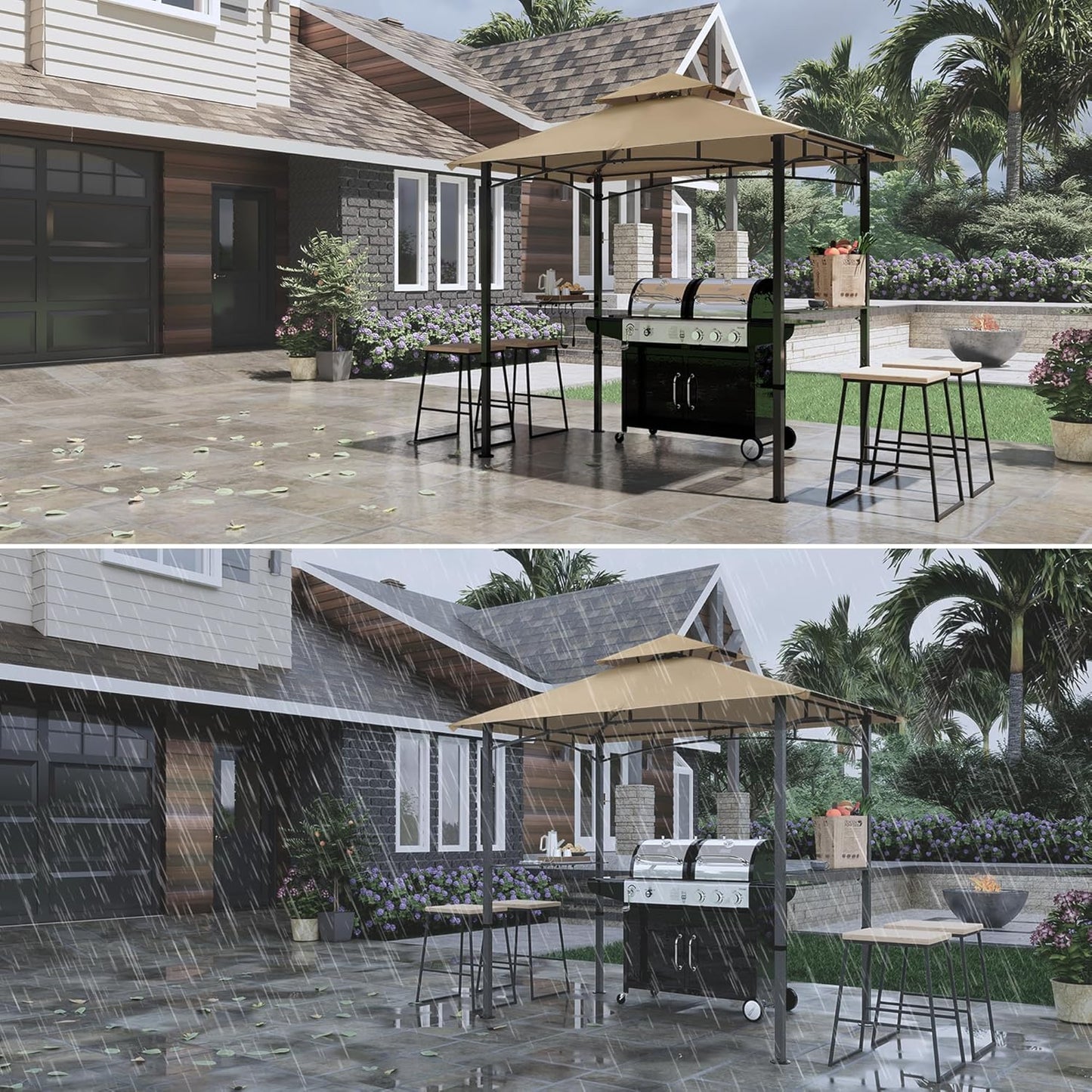 COOSHADE 8'x 5' Grill Gazebo Double Tiered Outdoor BBQ Gazebo Canopy with LED Light (Khaki)