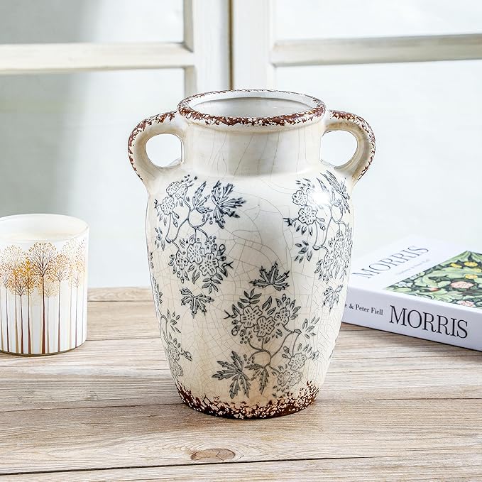 Enra Vintage vase with Handle,9.4 inch Blue and White Ceramic Decorative Flower vase, Chinoiserie Floral Vase,Large Rustic Vases for Home Decors, Living Room, Bookshelf, Office