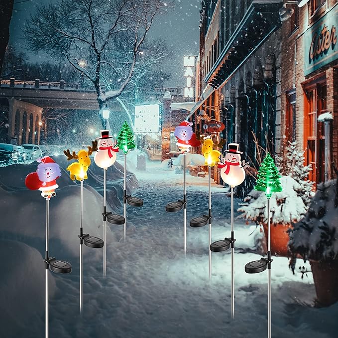 Glintoper 4 Pack Solar Christmas Figurine Lights, Outdoor Lighted Decorative Santa Claus, Snowman, Xmas Tree & Reindeer with Garden Stakes, Warm White LED Lighting Yard Stake for Path Lawn Patio Decor