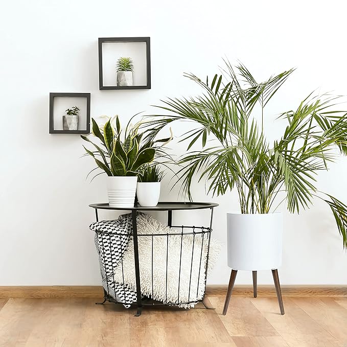 D'vine Dev 14 Inch Planter Pot with Stand, Mid-Century Tall Plant Pot with Legs for Indoor Plants, X-Large, White, 88-O-D-1