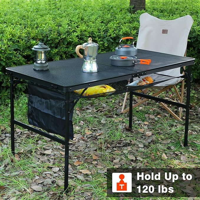 Folding Grill Table, 4x2 FT Portable Camping Table, Lightweight Height Adjustable Metal Tables with Mesh Desktop and Mesh Bag, Outdoor Tables for Camping, Picnic, Beach and BBQ, Black