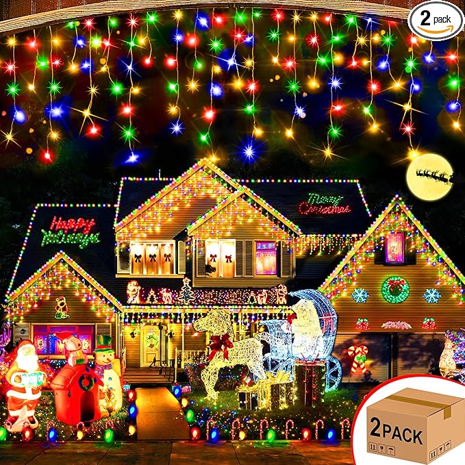 Hezbjiti 2Pack Total 800LED Icicle Lights 32.8FT Christmas Lights String Lights Outdoor Decoration 8 Modes 75 Drops Fairy Lights for Eaves Party Yard Garden Xmas Decor