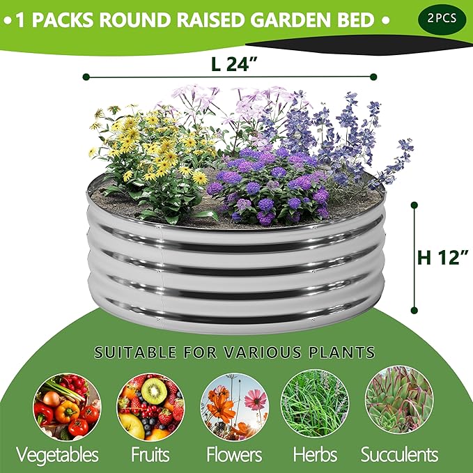 2PCS 2x2x1FT Galvanized Raised Garden Bed Kit,Vegetable Boxes-Round Metal Flower Box,Large Planter Raised Beds Outdoor Garden for Planting,Fruit,Herb-Sliver